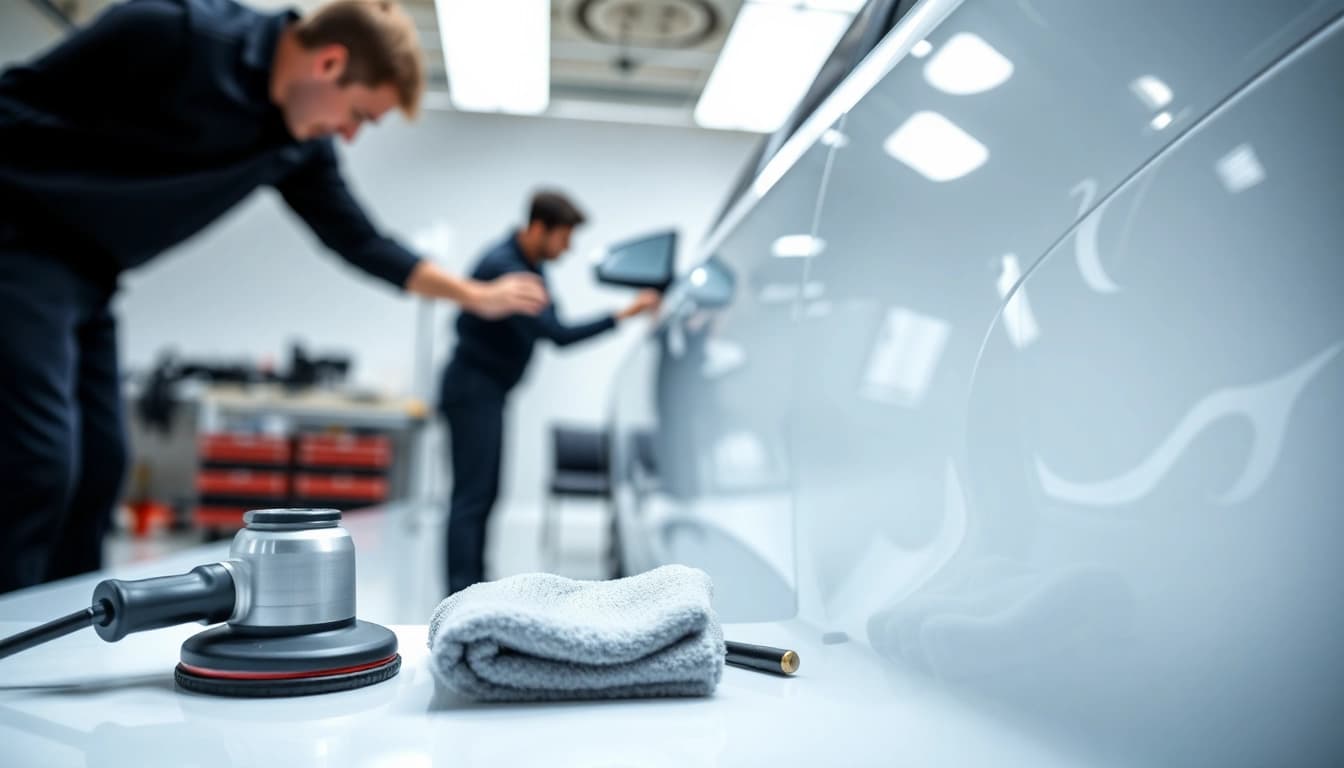 Professionelle Autoaufbereitung für Leasingrückgabe in einem sauberen Workshop mit Techniker.