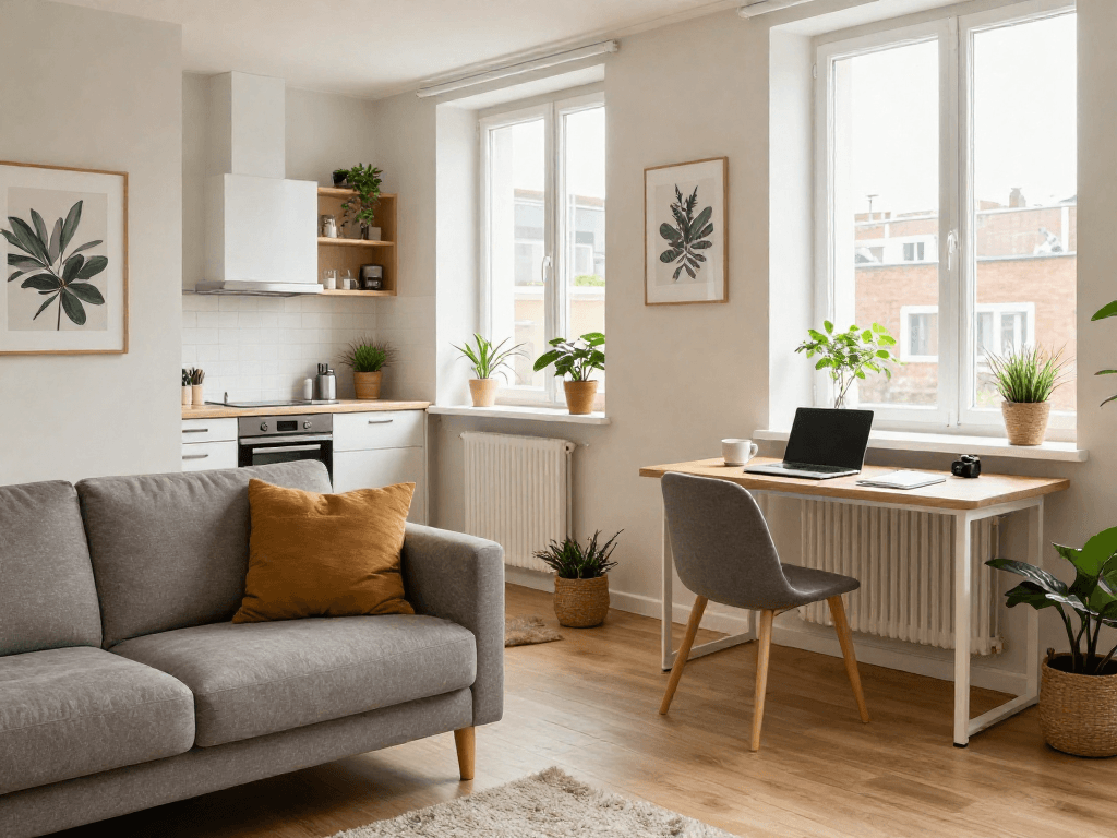 Monteurzimmer Hannover in gemütlicher, gut ausgestatteter Wohnung mit natürlichem Licht und stilvollem Dekor.