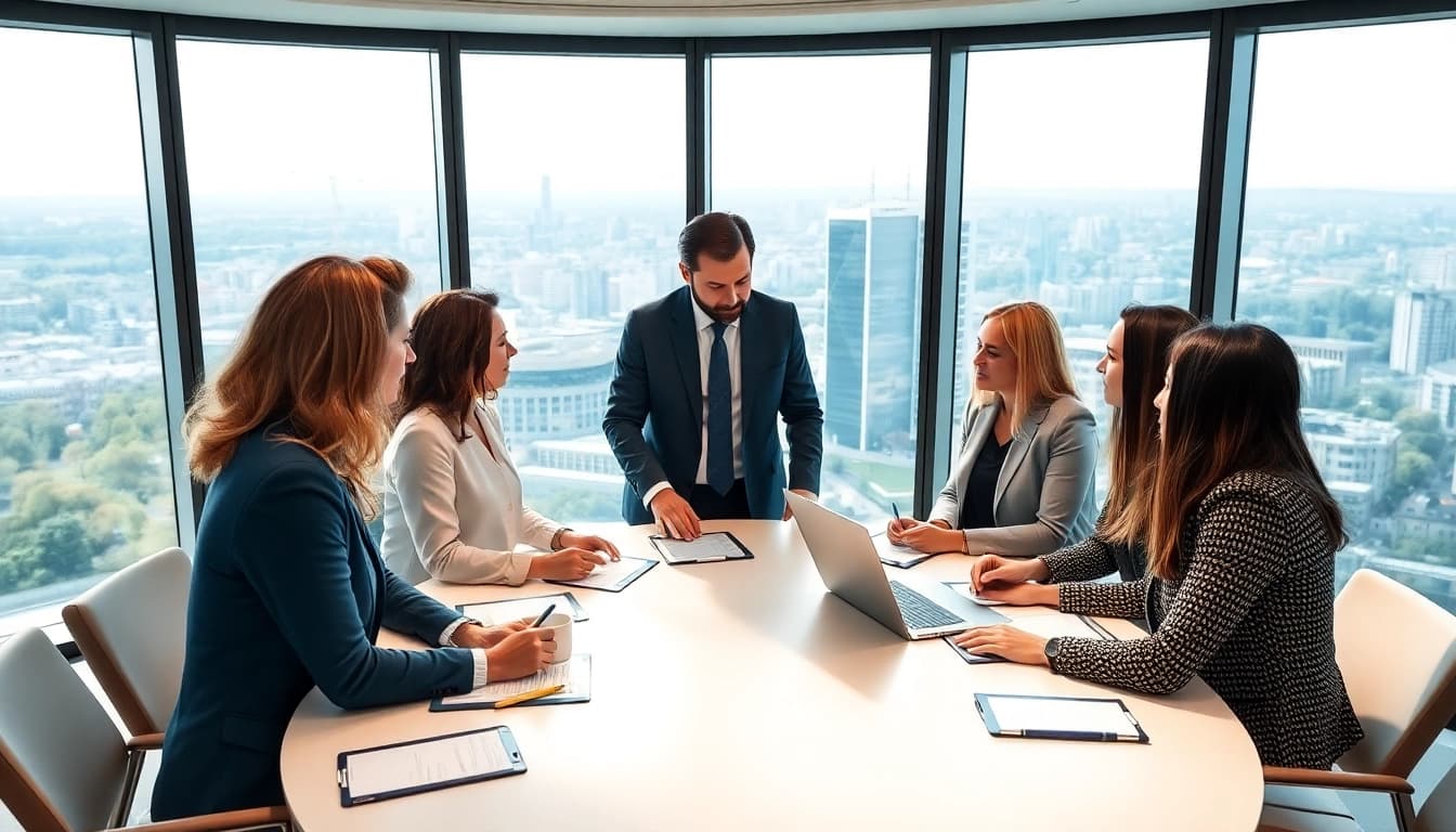 Headhunter Schweiz im modernen Büroumfeld bei einer Besprechung mit einem Team.