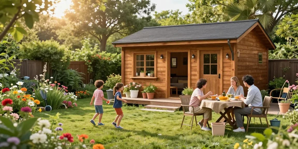Entspannte Familie im Garten steht um ein neues Gartenhaus, ideal zum Gartenhaus kaufen.