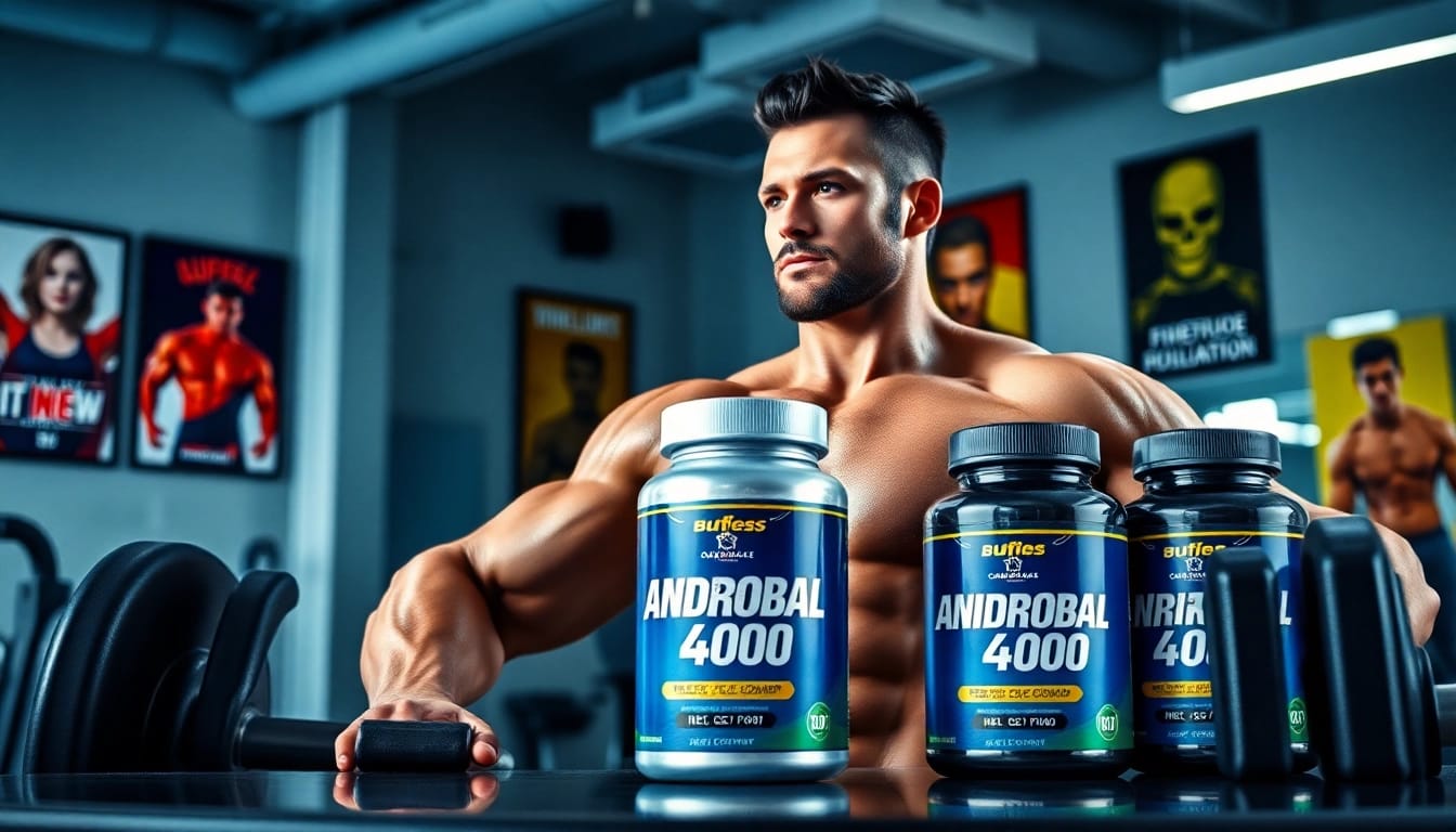 Androbal 400 Testosterone Compound bei einem Bodybuilder in einem modernen Fitnessstudio, Power und Kraft.