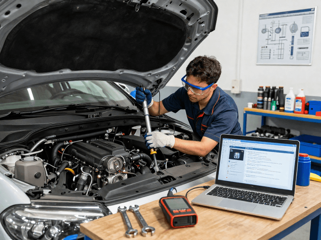 DPF Reinigung Hannover: Mechaniker bei der DPF-Reinigung in einer professionellen Werkstatt.
