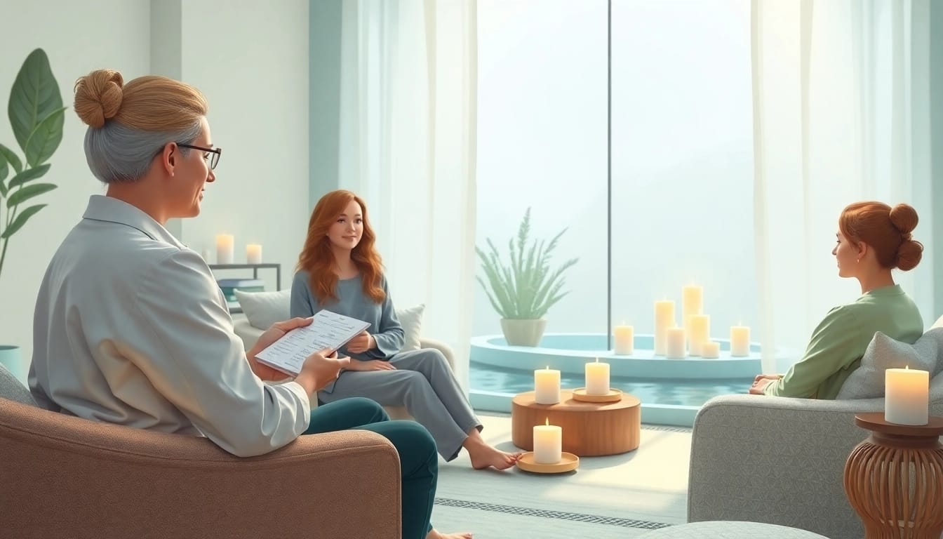 Reinkarnationstherapie-Sitzung mit beruhigenden Elementen in einem Therapy-Raum.