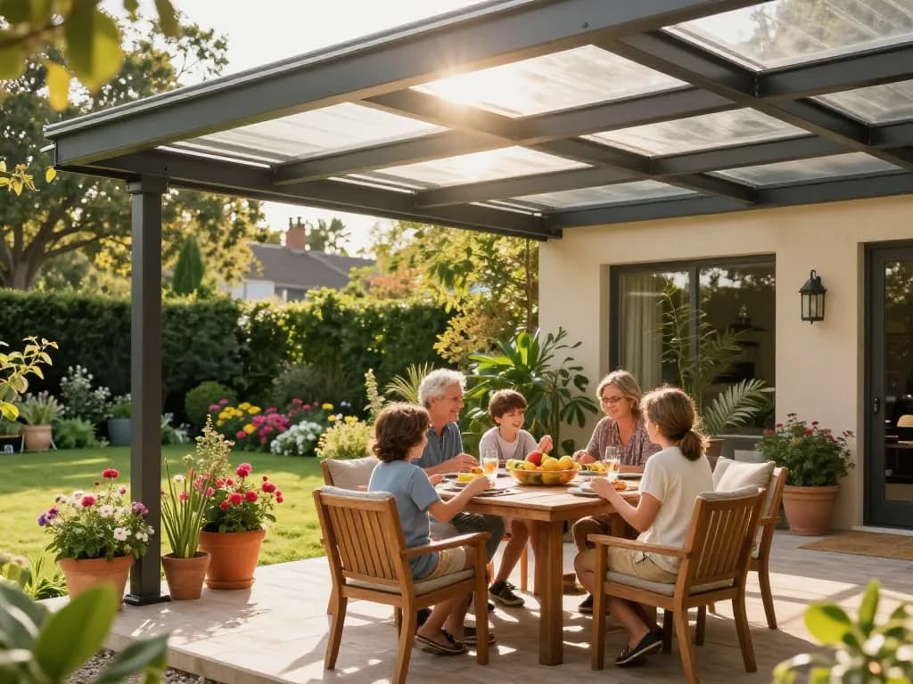 Familie genießt eine Mahlzeit unter ihrer Terrassenüberdachung in einem lebhaften Garten.