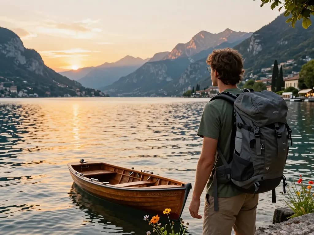 Reisender am Gardasee während des Sonnenuntergangs, der Gardasee Reisetipps für idyllische Abenteuer verkörpert.
