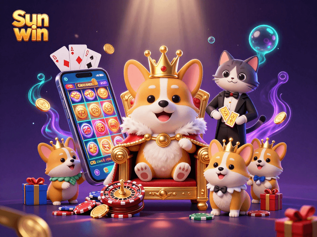 Experience exciting gaming at Sun win with a royal corgi throne and vibrant casino elements.