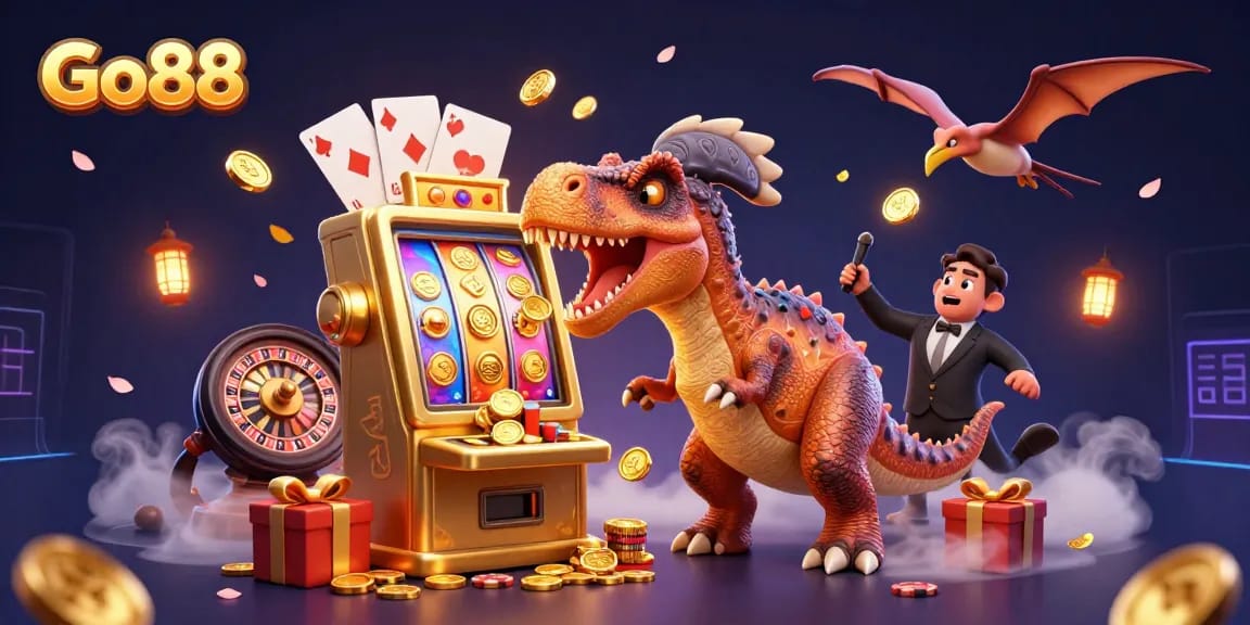 Go88 jackpot scene as a dinosaur bets big, capturing excitement at the casino with flying coins.