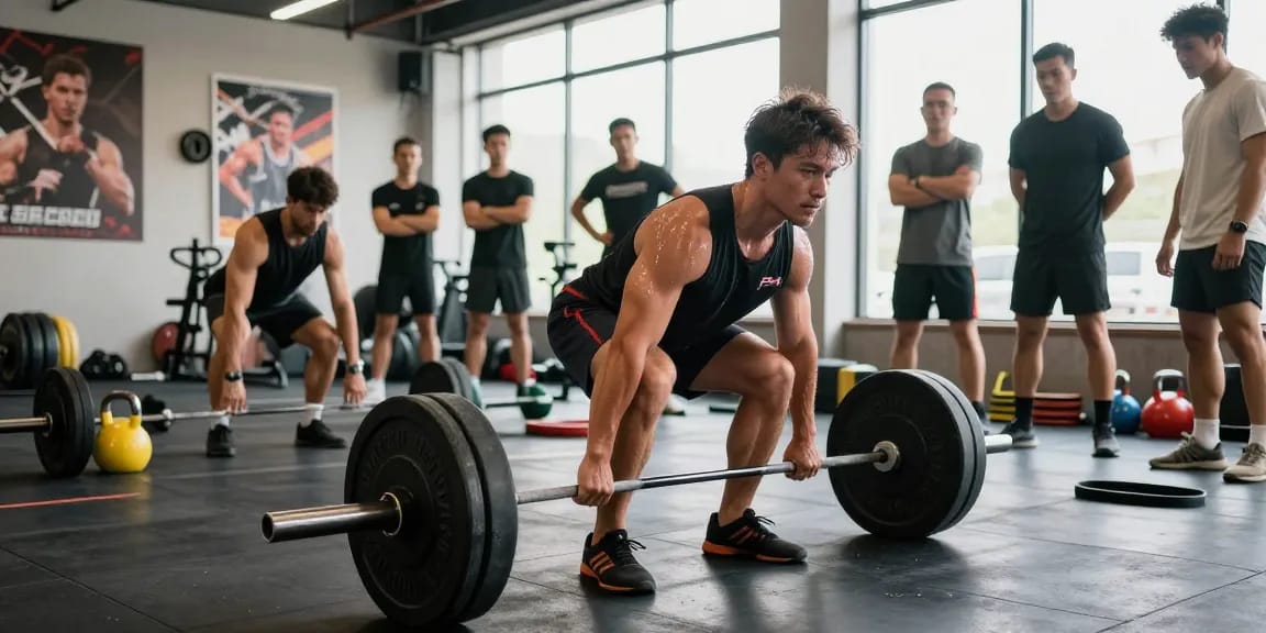 Anabolika Shop: Athlet hebt Gewichte im Fitnessstudio mit motivierenden Elementen.