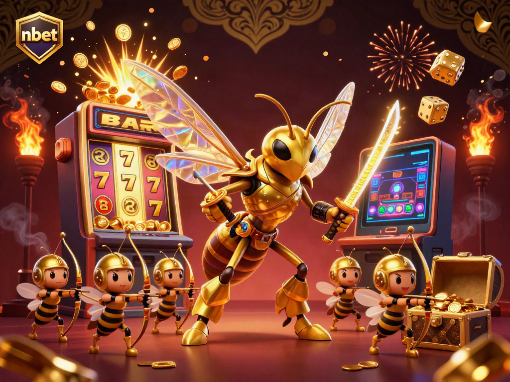 Witness the exhilarating nbet casino experience with a golden hornet samurai and bee archers amidst a jackpot explosion.
