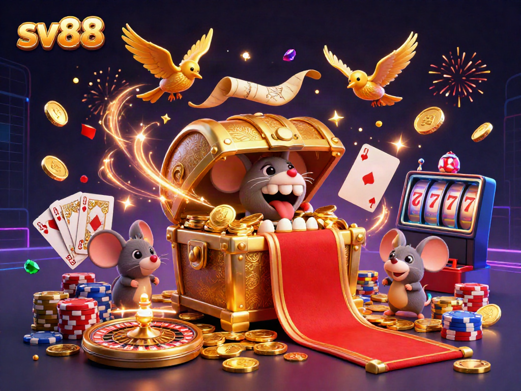Engage with sv88's thrilling casino scene filled with golden treasures, lucky wins, and vibrant gameplay.