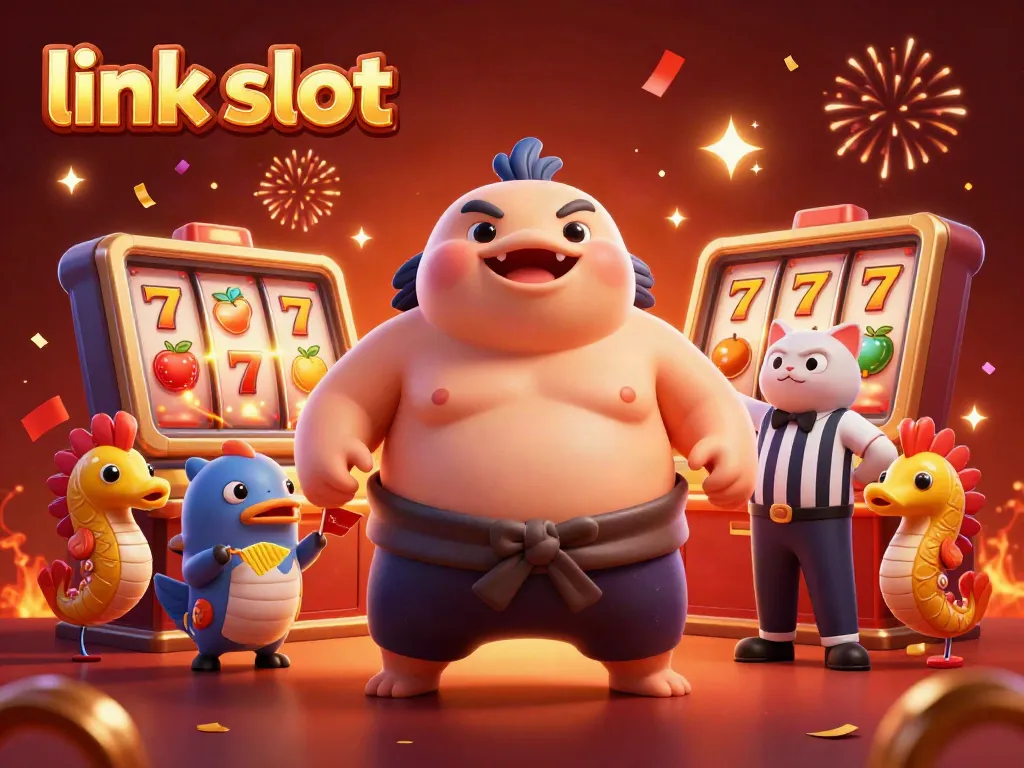 Wager and win big with link slot, featuring a vibrant casino atmosphere with a fugu and lucky symbols.