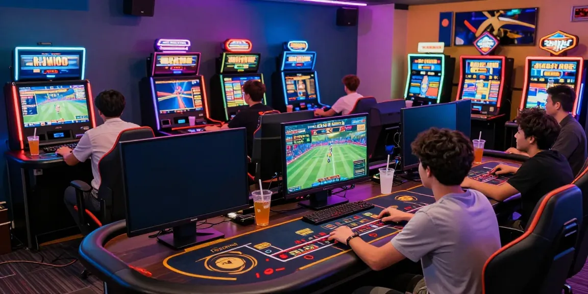 Engaged gamers enjoying a thrilling experience at IWIN's vibrant gaming lounge, featuring a variety of games, technology, and lively atmosphere.