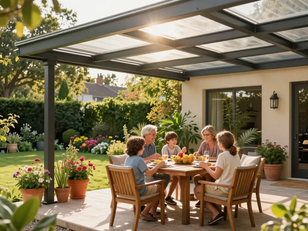 Familie genießt eine Mahlzeit unter ihrer Terrassenüberdachung in einem lebhaften Garten.