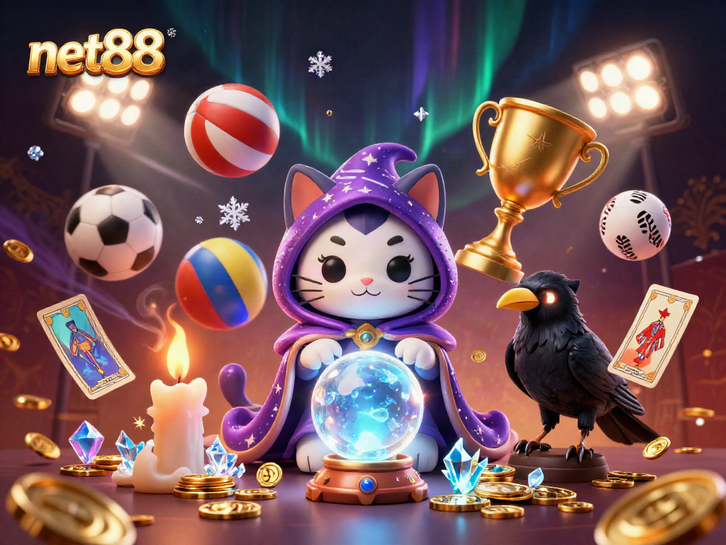 Experience thrilling sports betting with net88's vibrant 3D scene featuring mystical elements and dynamic game motifs.