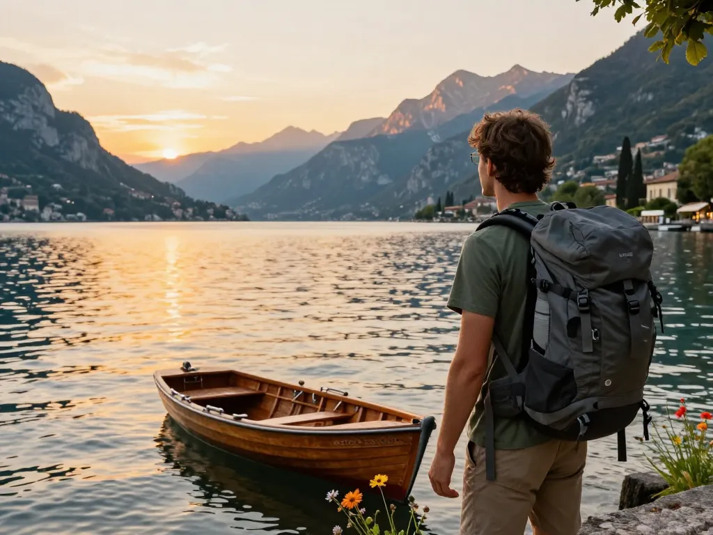Reisender am Gardasee während des Sonnenuntergangs, der Gardasee Reisetipps für idyllische Abenteuer verkörpert.