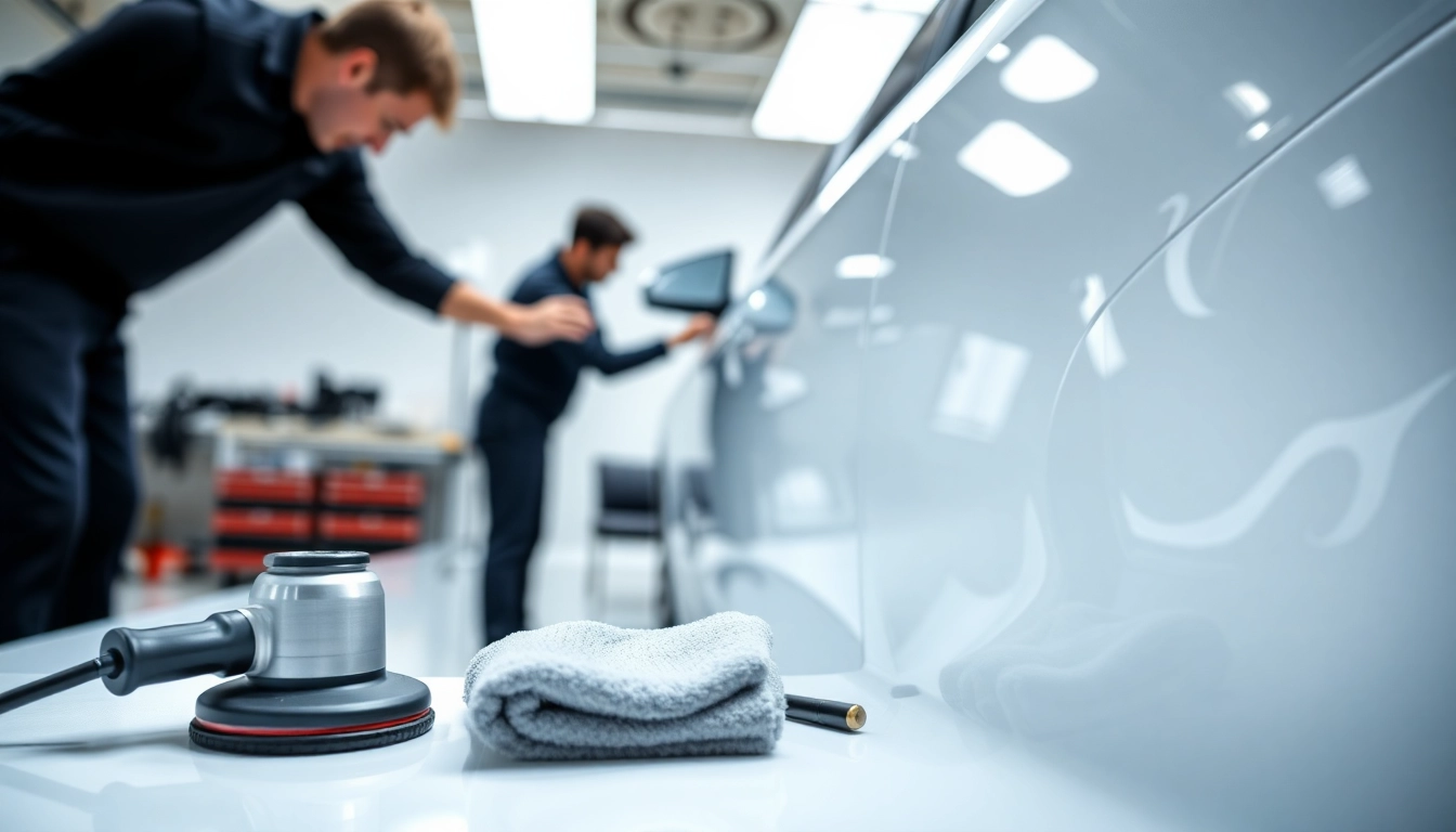 Professionelle Autoaufbereitung für Leasingrückgabe in einem sauberen Workshop mit Techniker.