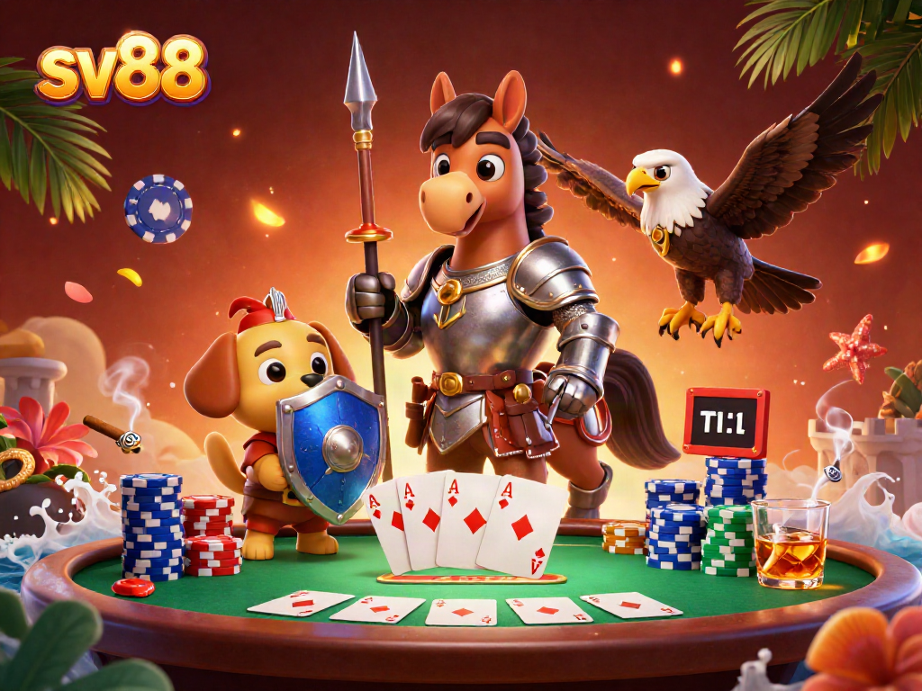 Engage with sv88's thrilling online casino experience featuring knight and puppy by the poker table.