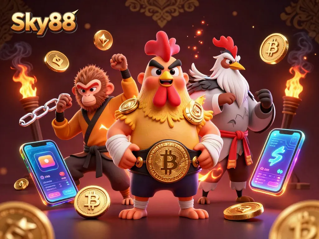 Experience thrilling gaming at Sky88 with vibrant characters and crypto elements in this lively illustration.