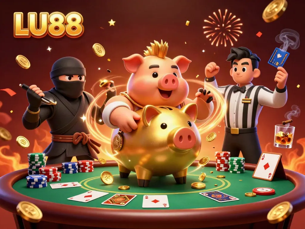 LU88's dynamic casino scene featuring a golden piggy bank wrestler, ninja, and samurai amidst poker elements.