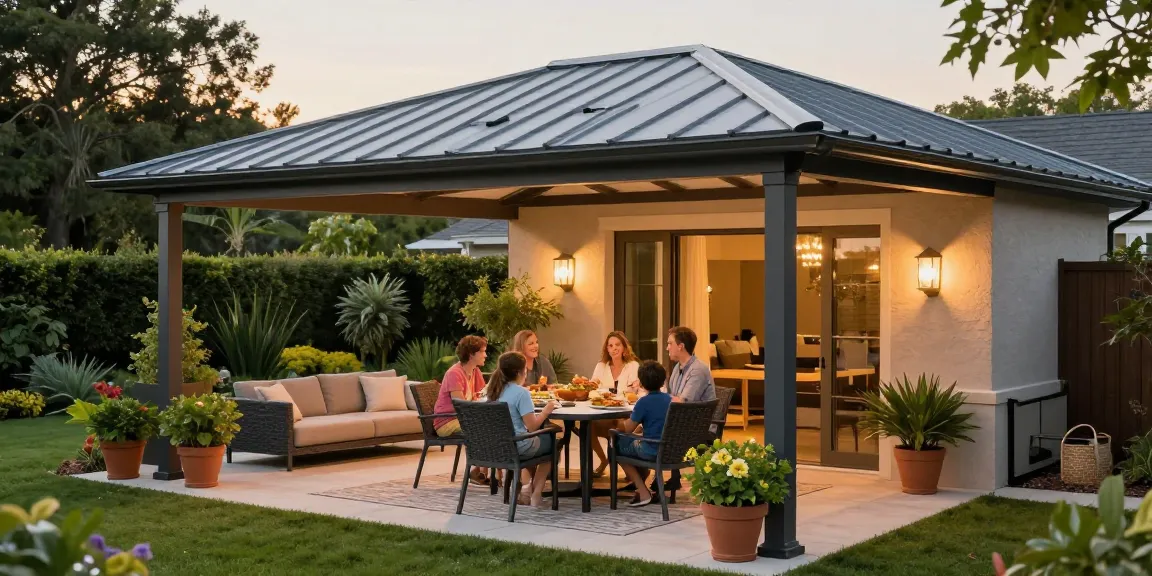 Moderne Terrassenüberdachungen in einem einladenden Garten mit Familie, die ein Abendessen genießt.