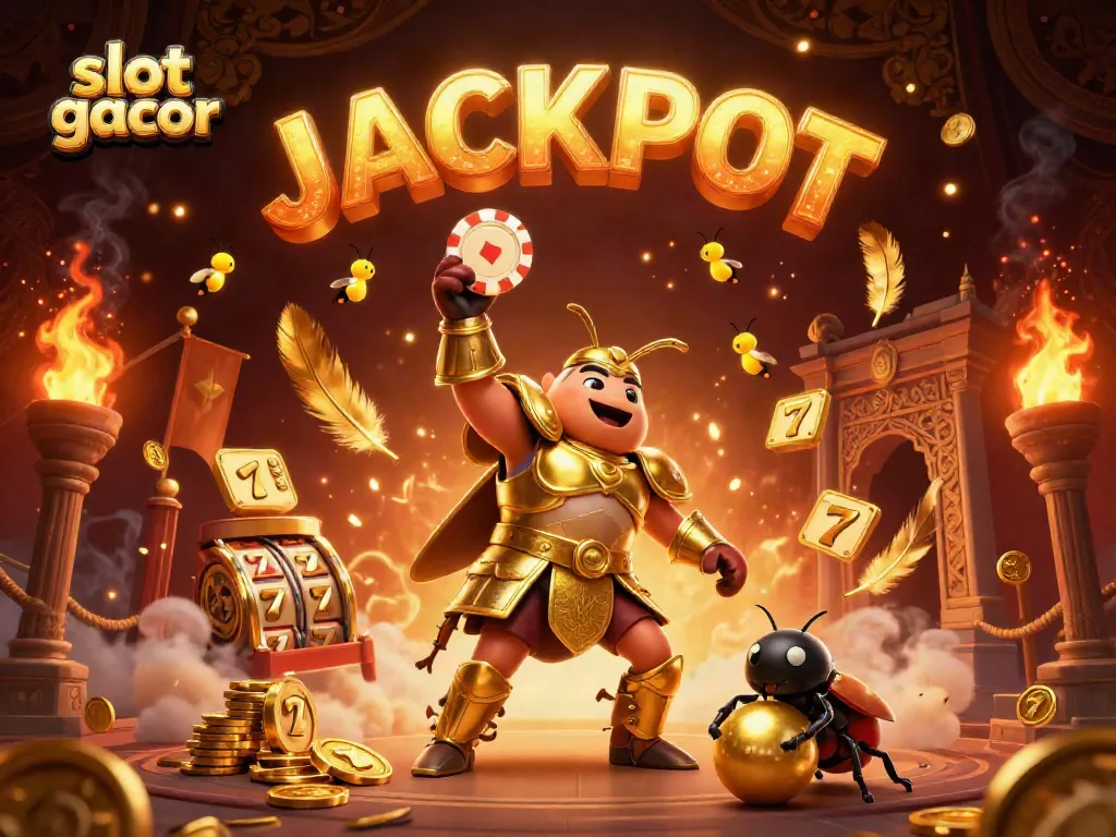 Experience the excitement of slot gacor with a heroic beetle, golden chips, and vibrant gaming elements.