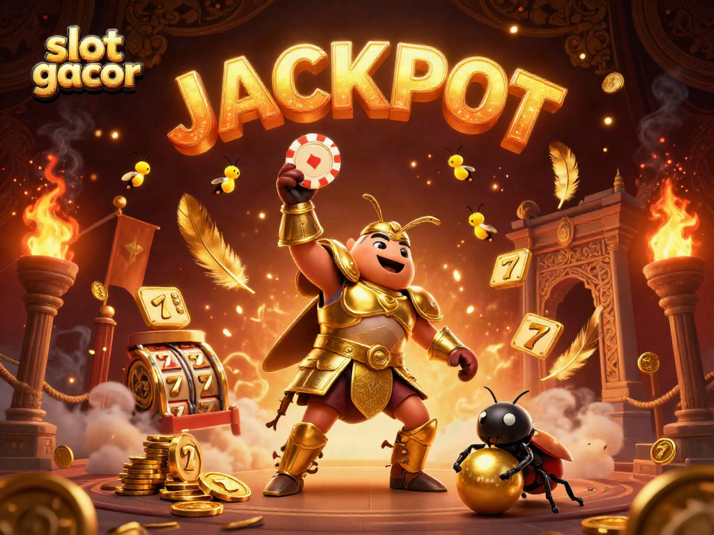 Experience the excitement of slot gacor with a heroic beetle, golden chips, and vibrant gaming elements.
