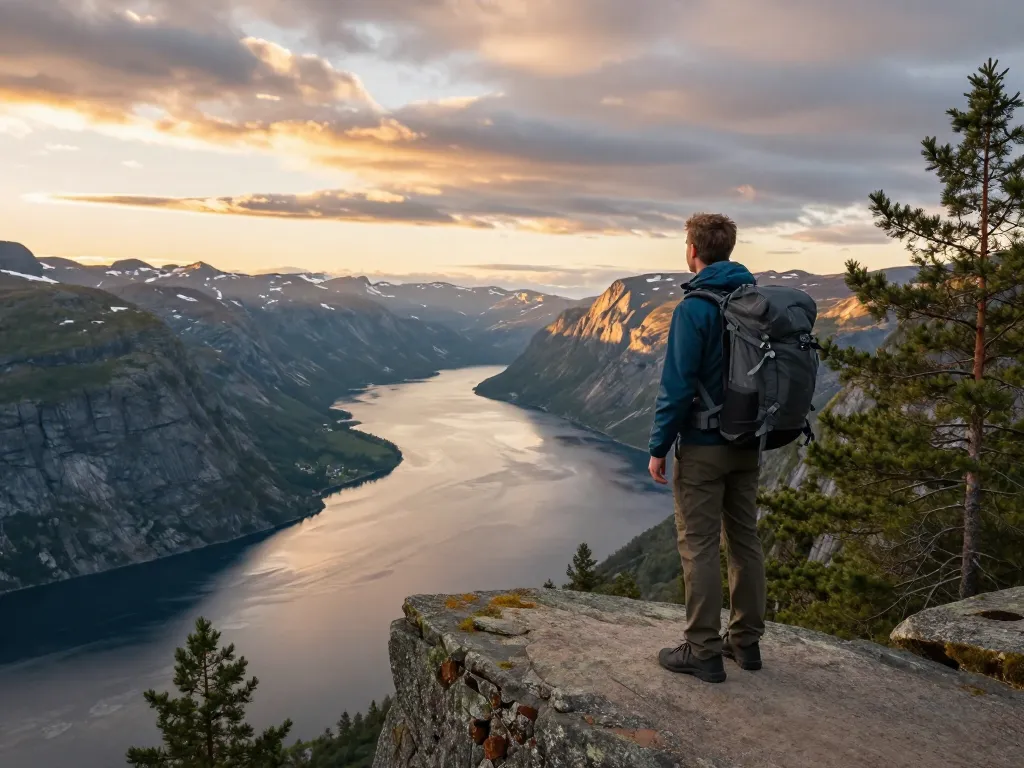 Reisetipps Skandinavien: Atemberaubende Fjordansicht in Norwegen während der goldenen Stunde.