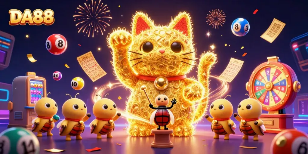 Engage with the dazzling fun at DA88, featuring a lucky cat and vibrant lottery elements in a festive casino scene.