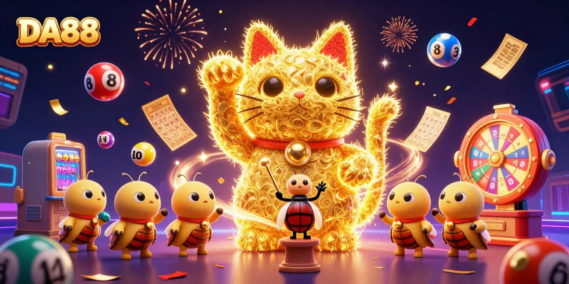Engage with the dazzling fun at DA88, featuring a lucky cat and vibrant lottery elements in a festive casino scene.