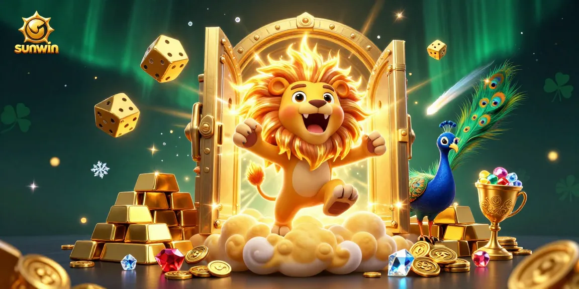 Engage in the excitement of sunwin with a vibrant 3D illustration featuring a roaring sun lion and shimmering casino elements.