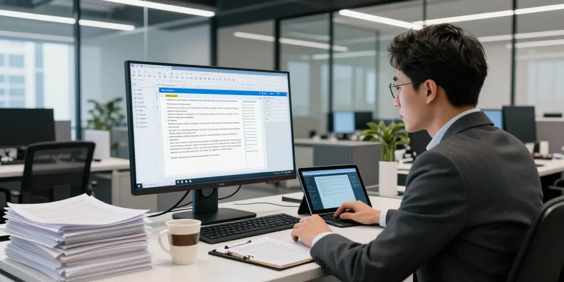 Professional analyzing document fraud detection data on a large monitor in a modern office setting.