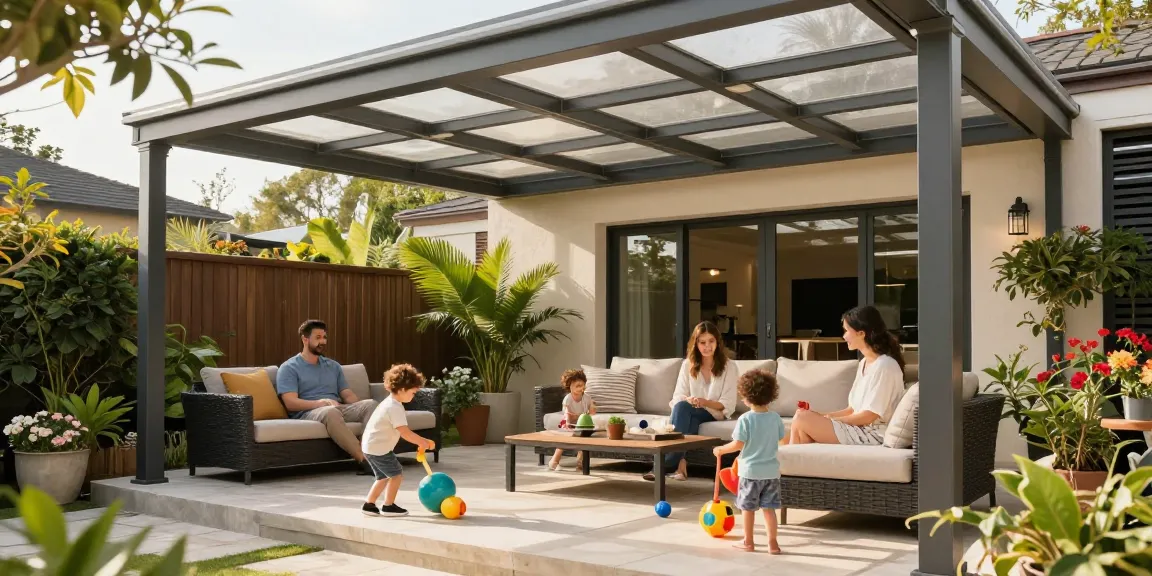 Moderne Terrassenüberdachung mit einer Familie, die einen sonnigen Nachmittag genießt.