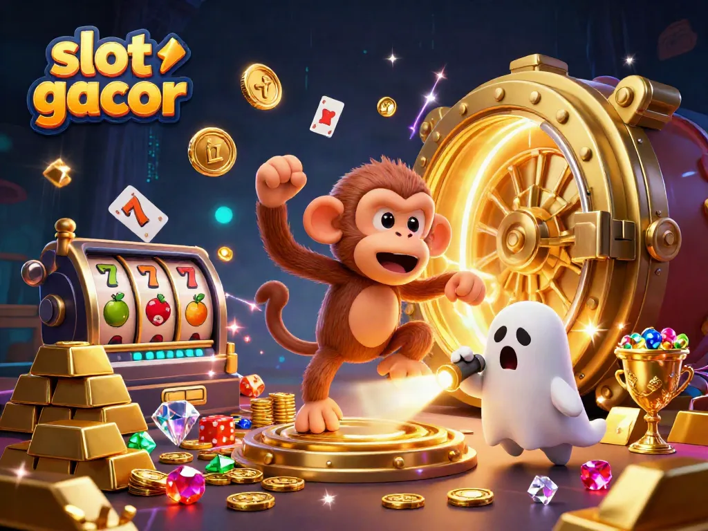 Experience the thrill of slot gacor with golden juggler ghost and curious puppy in a vibrant casino.