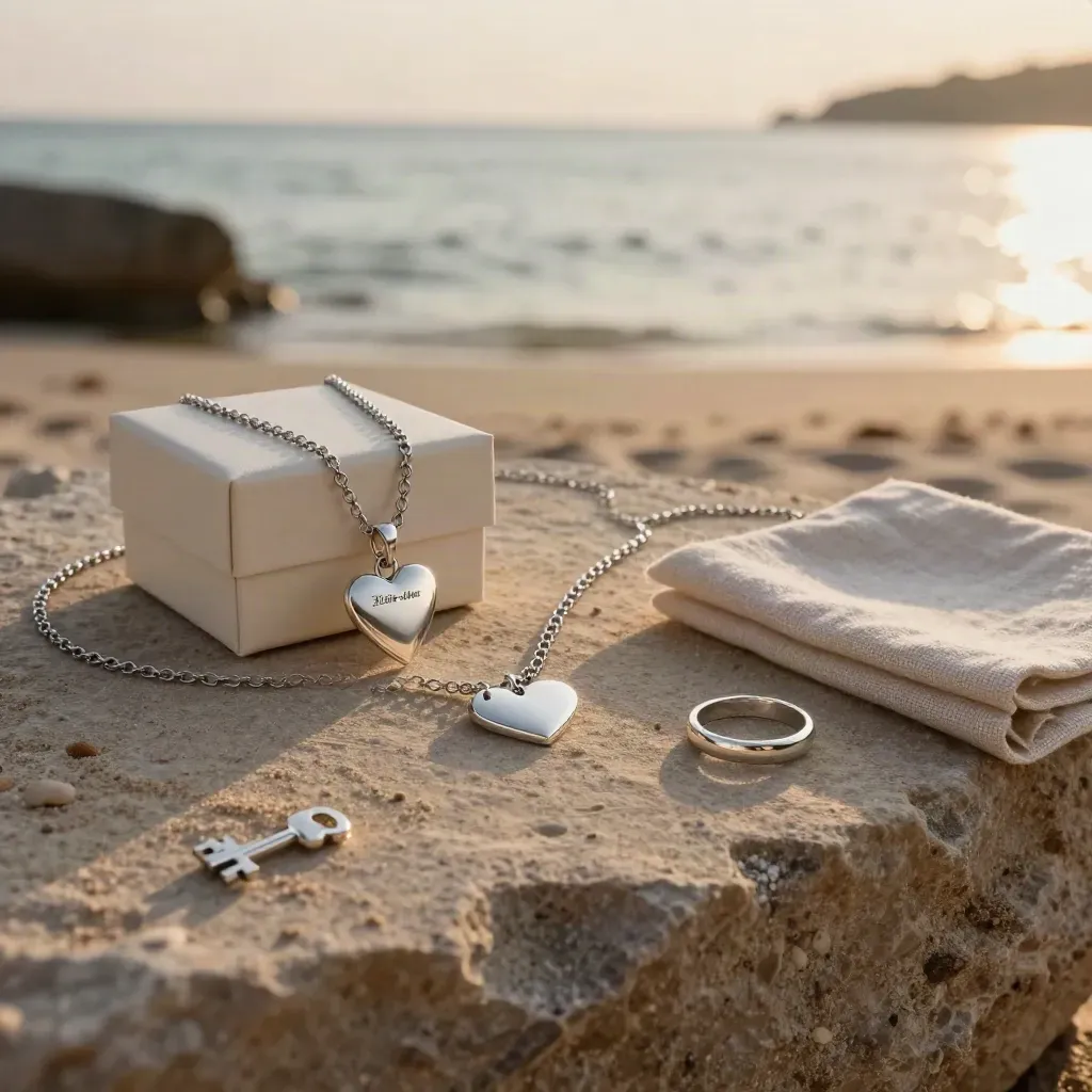 Silberne Familienkette mit Herz, Geschenkbox und Ring auf hellem Sandstein am Meer.