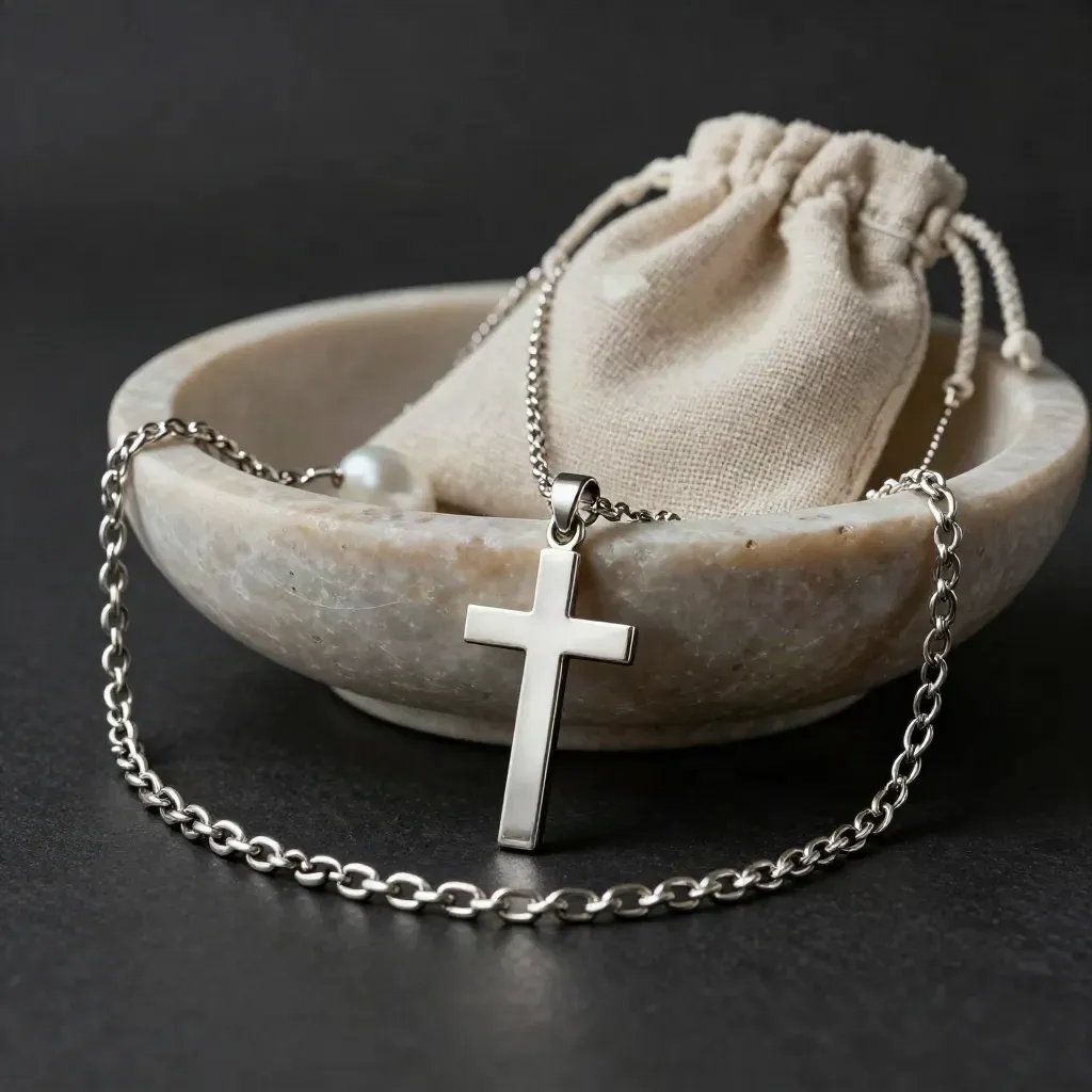 Silberne Taufkette mit Kreuz auf heller Steinschale, mit Stoffbeutel und Keramikperle.