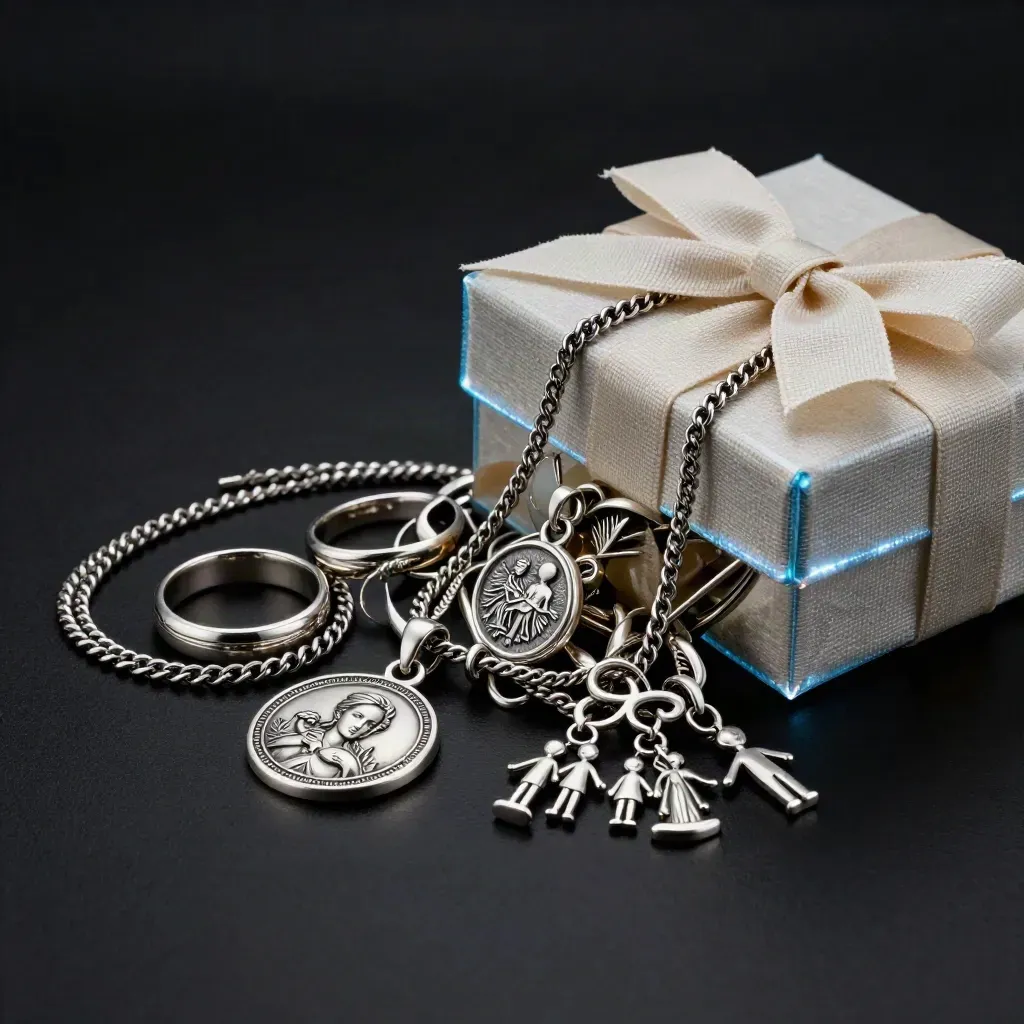 Silber-Schmuckset mit Gravur, offener Box, Band und Eisblau-Reflexen auf dunklem Grund.