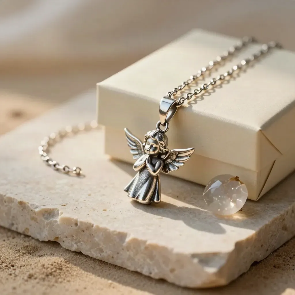 Silberner Taufanhänger Engel mit feiner Kette, Geschenkbox und Muschel auf hellem Kalkstein.