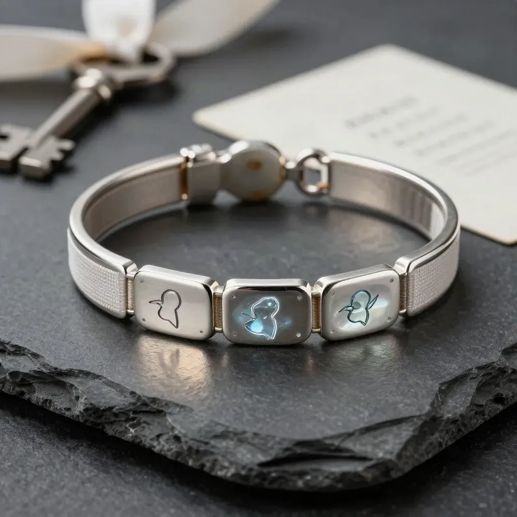 Silbernes Drei-Namen-Armband auf Stein mit offenem Verschluss und kühlem Licht.