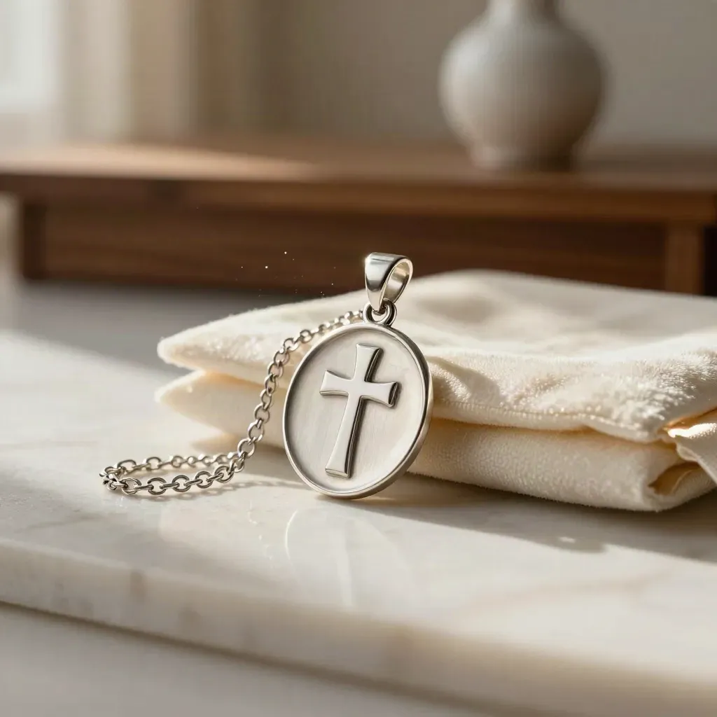 Silbernes Taufmedaillon mit Kreuz, Kette und cremefarbenem Tuch auf hellem Marmor.