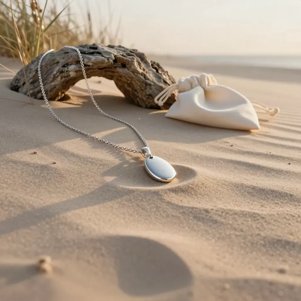 Silberschmuck auf einer warmen Düne mit trockenem Gras und ruhigem Himmel