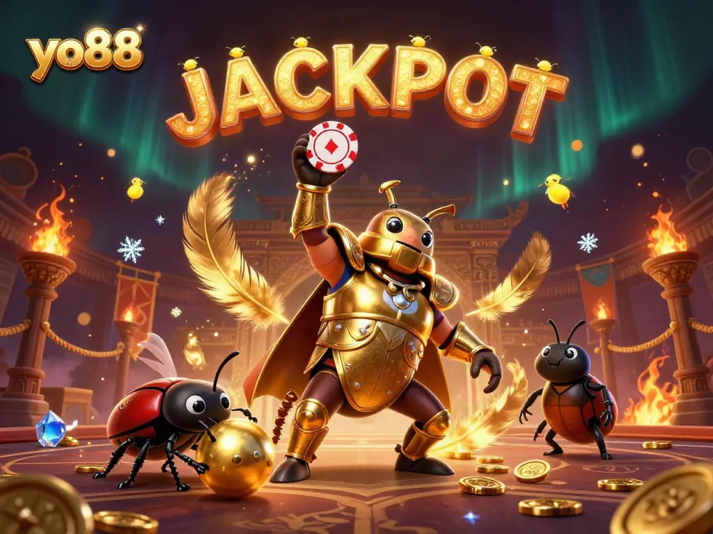 Experience the excitement of yo88 with a hercules beetle winning a poker chip jackpot in a vibrant casino setting.
