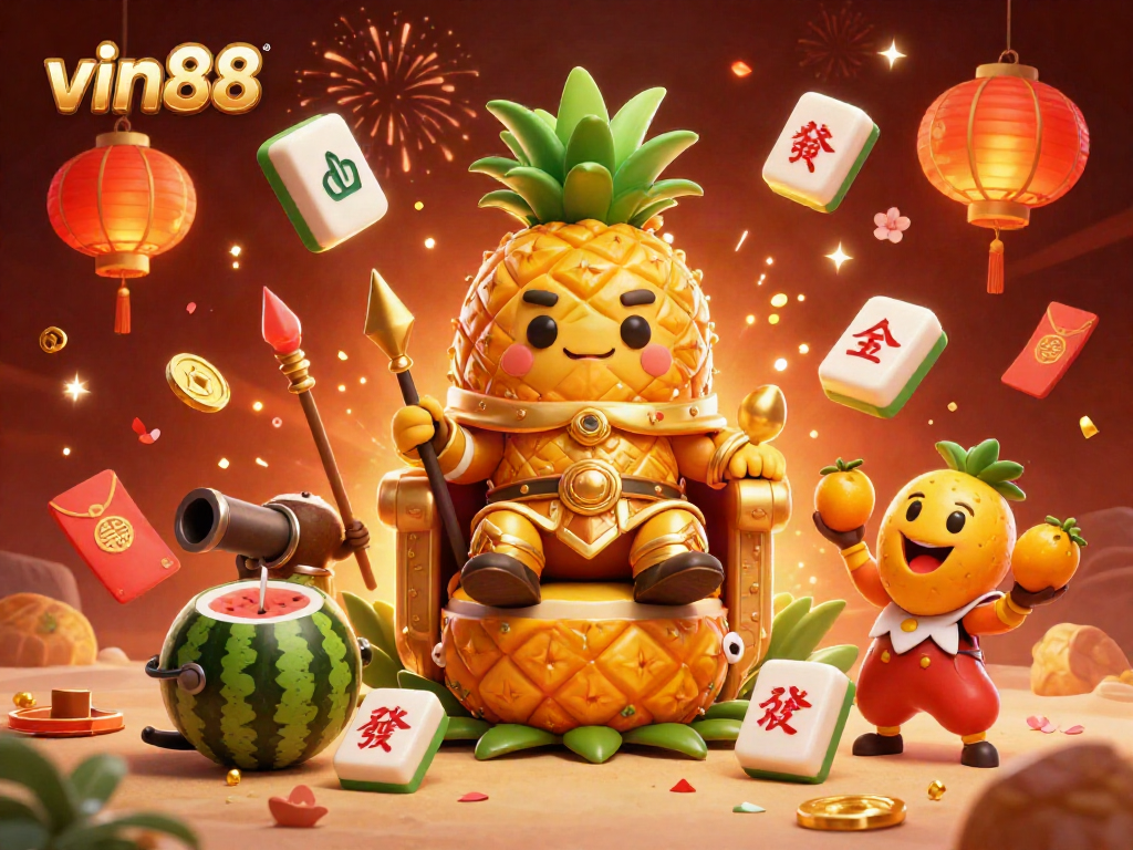Experience the vibrant vin88 casino atmosphere with a cheerful golden pineapple king and his lively companions in a colorful beach scene.
