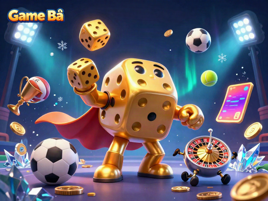 Experience the thrill of Game Bài with a dynamic golden dice golem and vibrant casino elements.