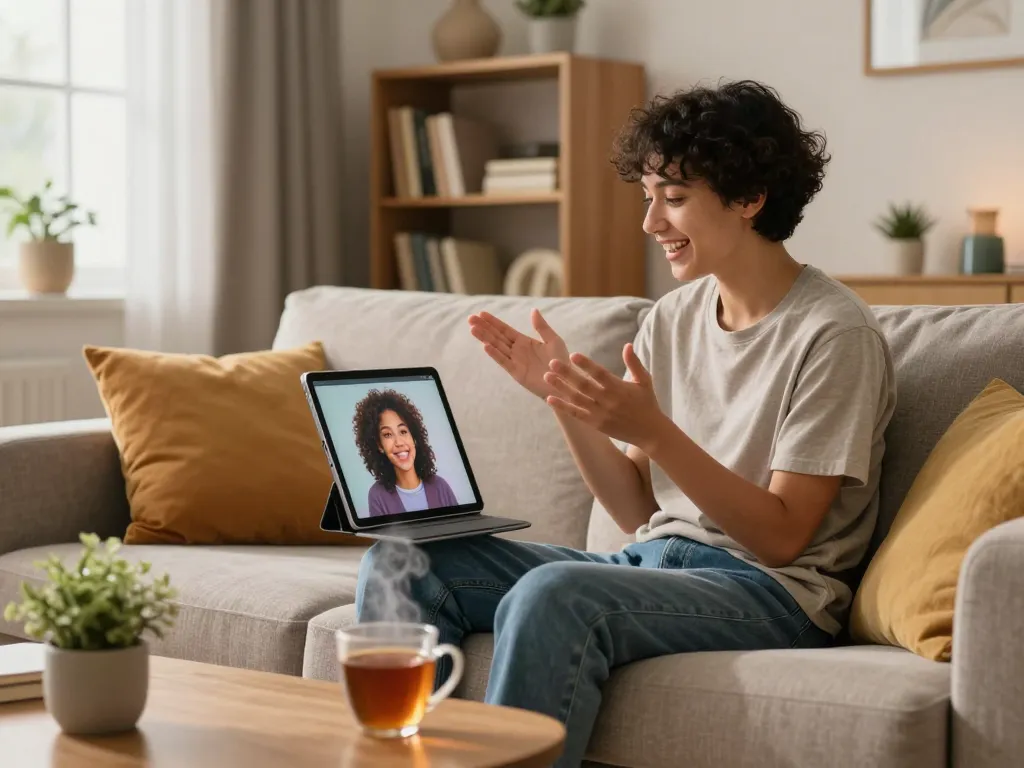 Engaging scene of a user chatting with their girlfriend AI on a tablet in a cozy living room, showcasing modern decor and a warm atmosphere.