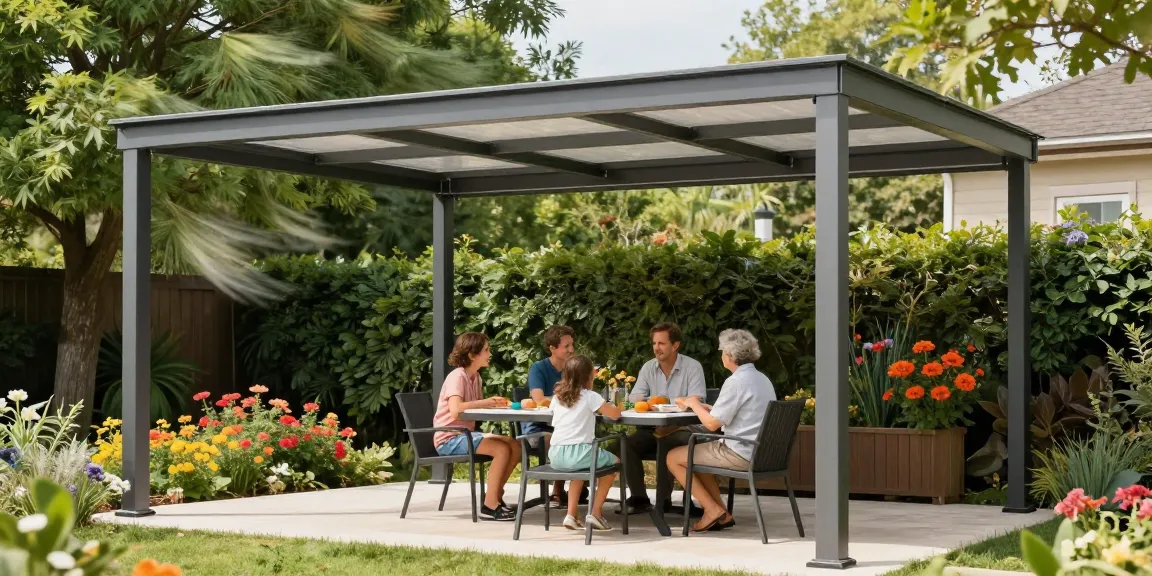 Freistehende Terrassenüberdachung in einem einladenden Garten mit einer Familie an einem Tisch unter dem Terrassendach.