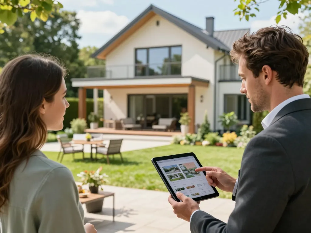 Immobilienmakler Frankfurt Preungesheim unterstützt Kunden beim Präsentieren einer schönen Immobilie.