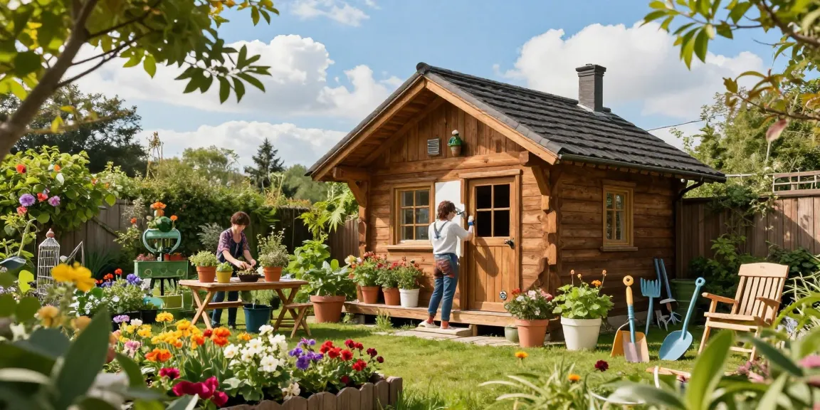 Ein Gartenhaus umgeben von Blumenbeeten, jemand streicht das Holz und arrangiert Pflanzen, idyllische Gartenidylle.