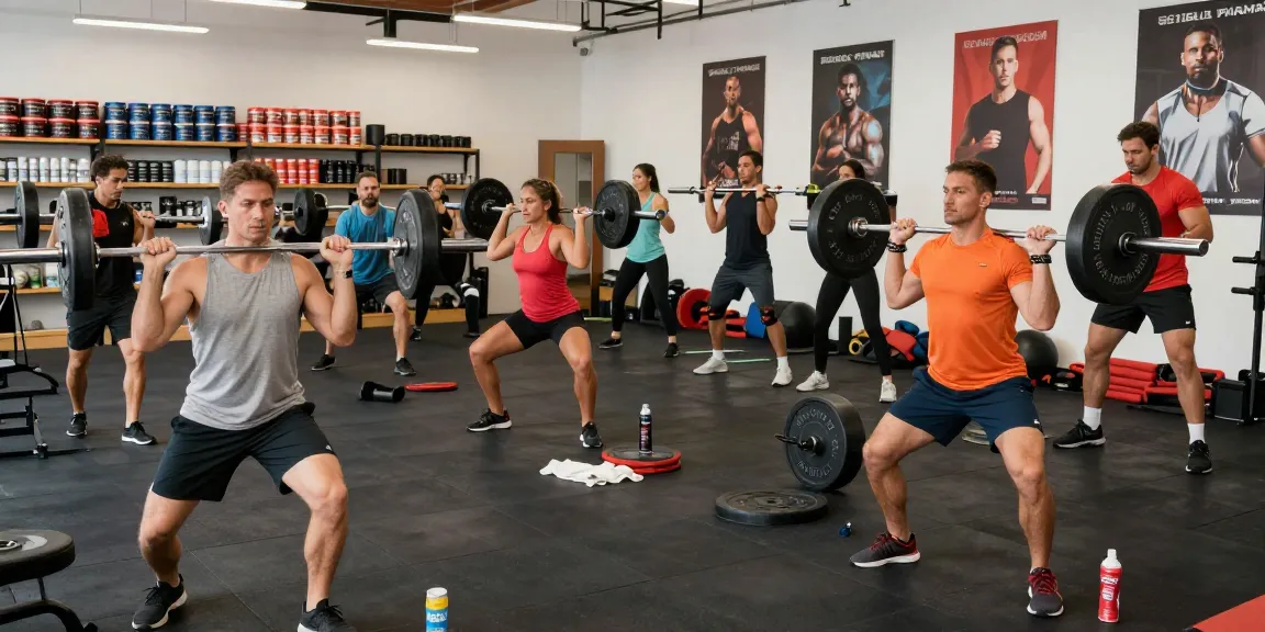 Global Pharma Steroids im Fitnessstudio: Dynamische Szene mit Athleten bei Trainingseinheiten.