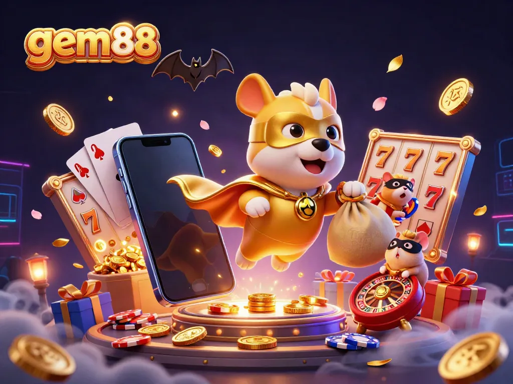 Experience the excitement of gem88 with a superhero dog and vibrant casino elements bursting with color.
