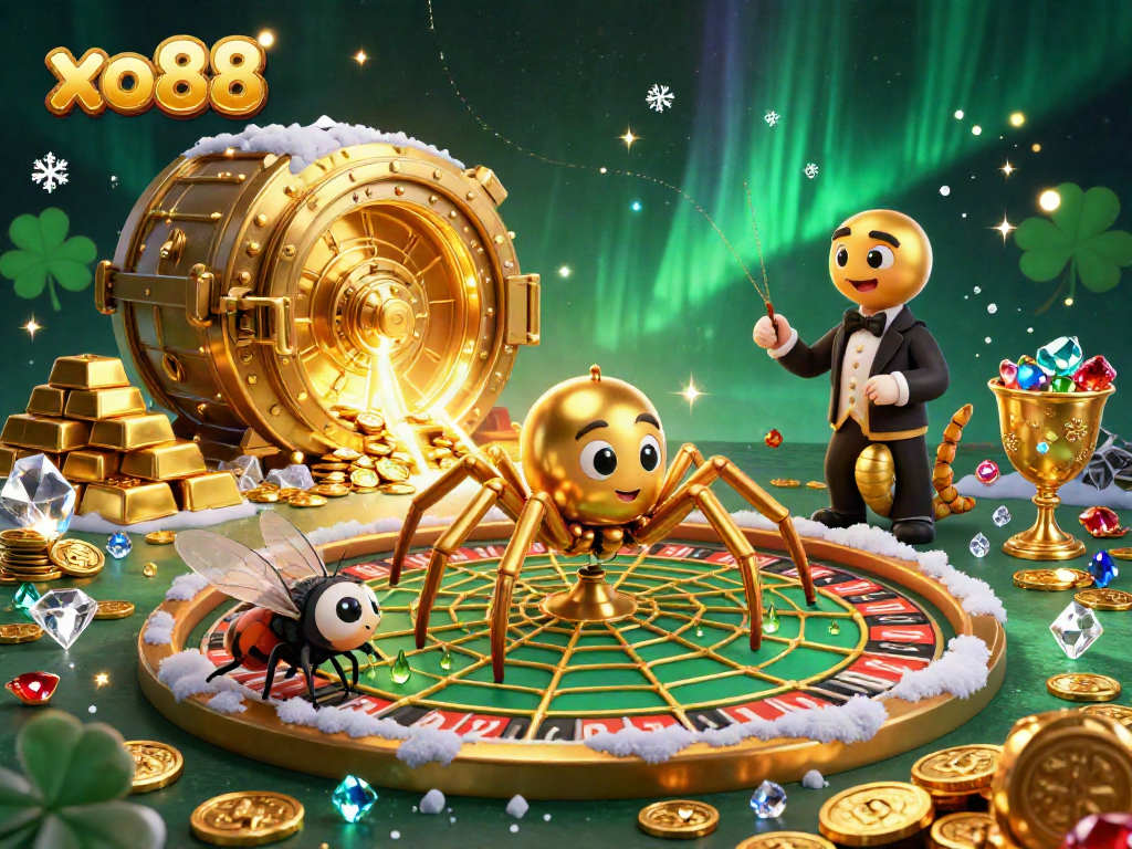 Place bets with xo88 at a vibrant casino scene featuring a golden spider and dynamic gambling elements.